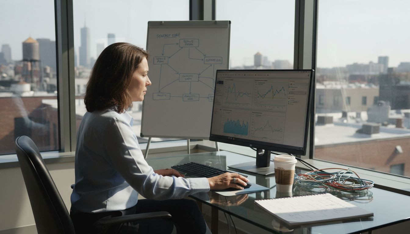 IT manager analyzes network charts in office