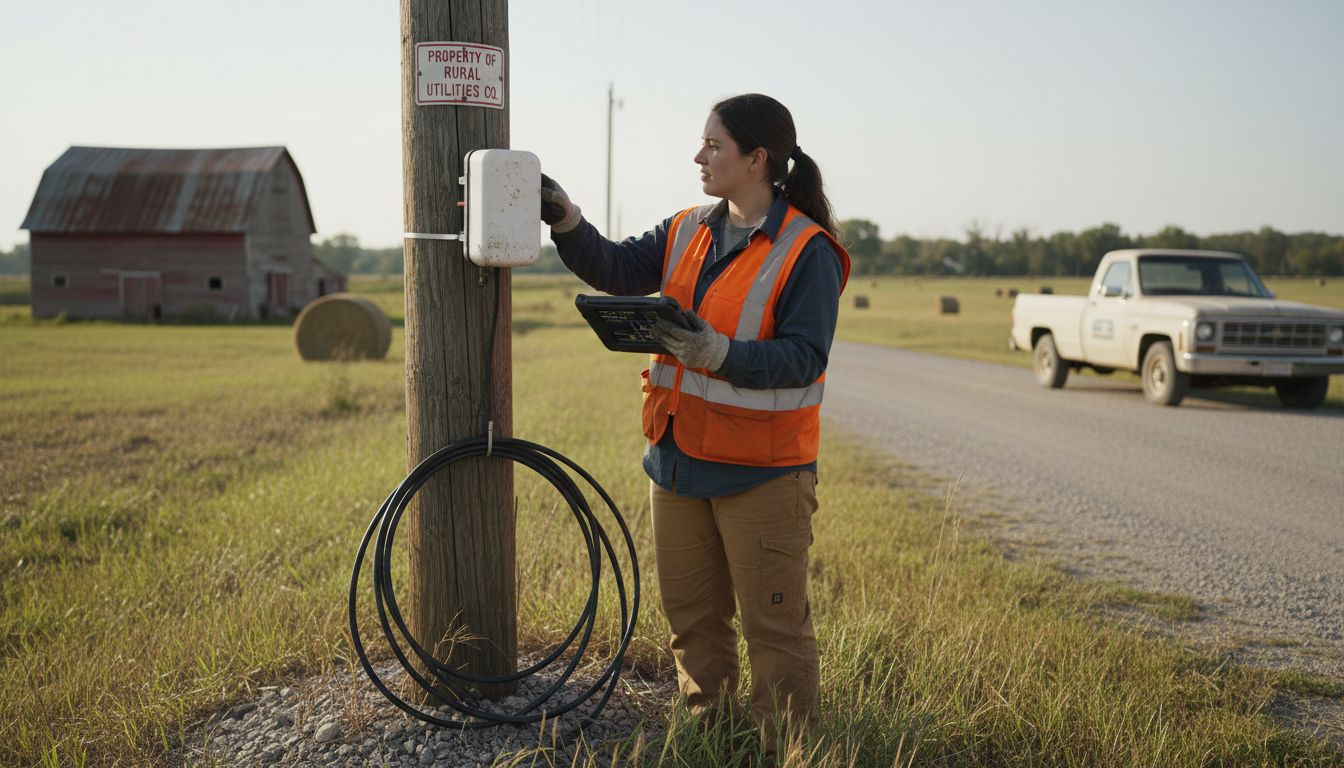 Engineer installing 5G hotspot in rural area