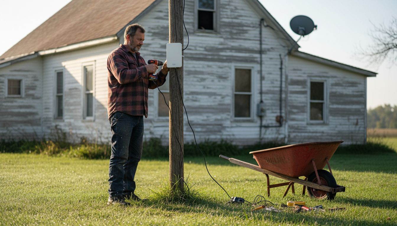 Man installing WiFi antenna at rural farmhouse