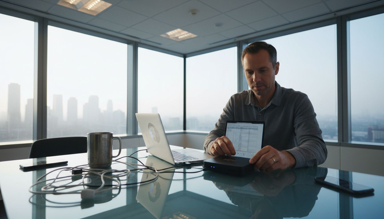 Man setting up 5G hotspot device in office