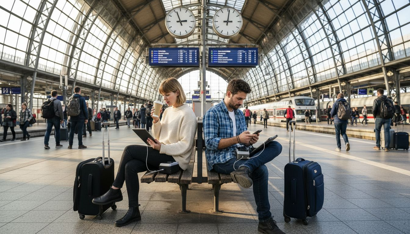 Travelers using portable WiFi at train station