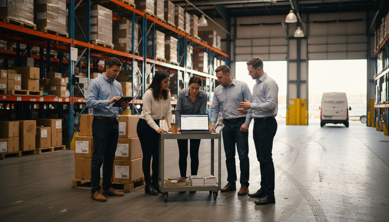 Logistics team in warehouse using wireless devices