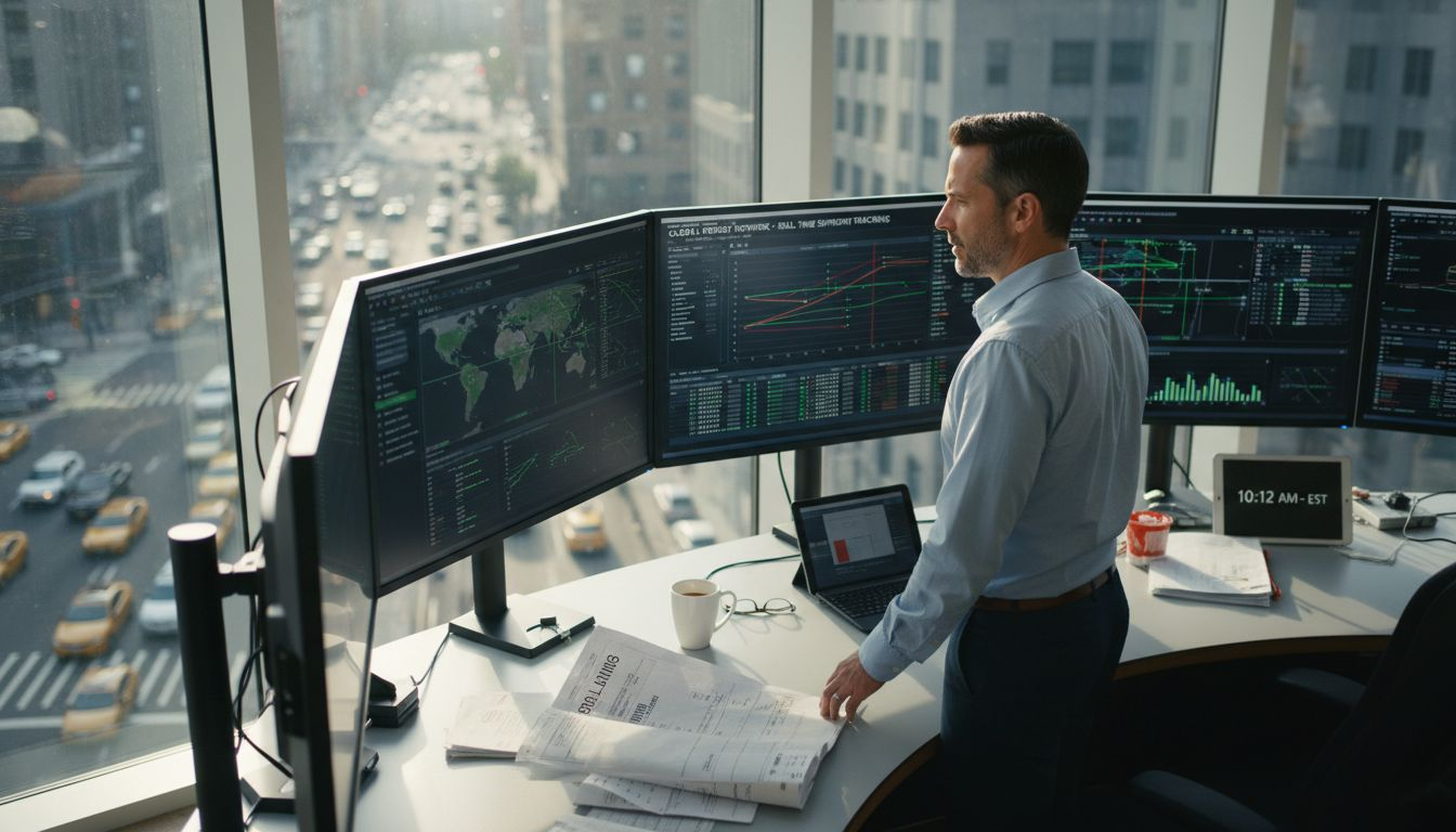 Logistics manager reviews data in office