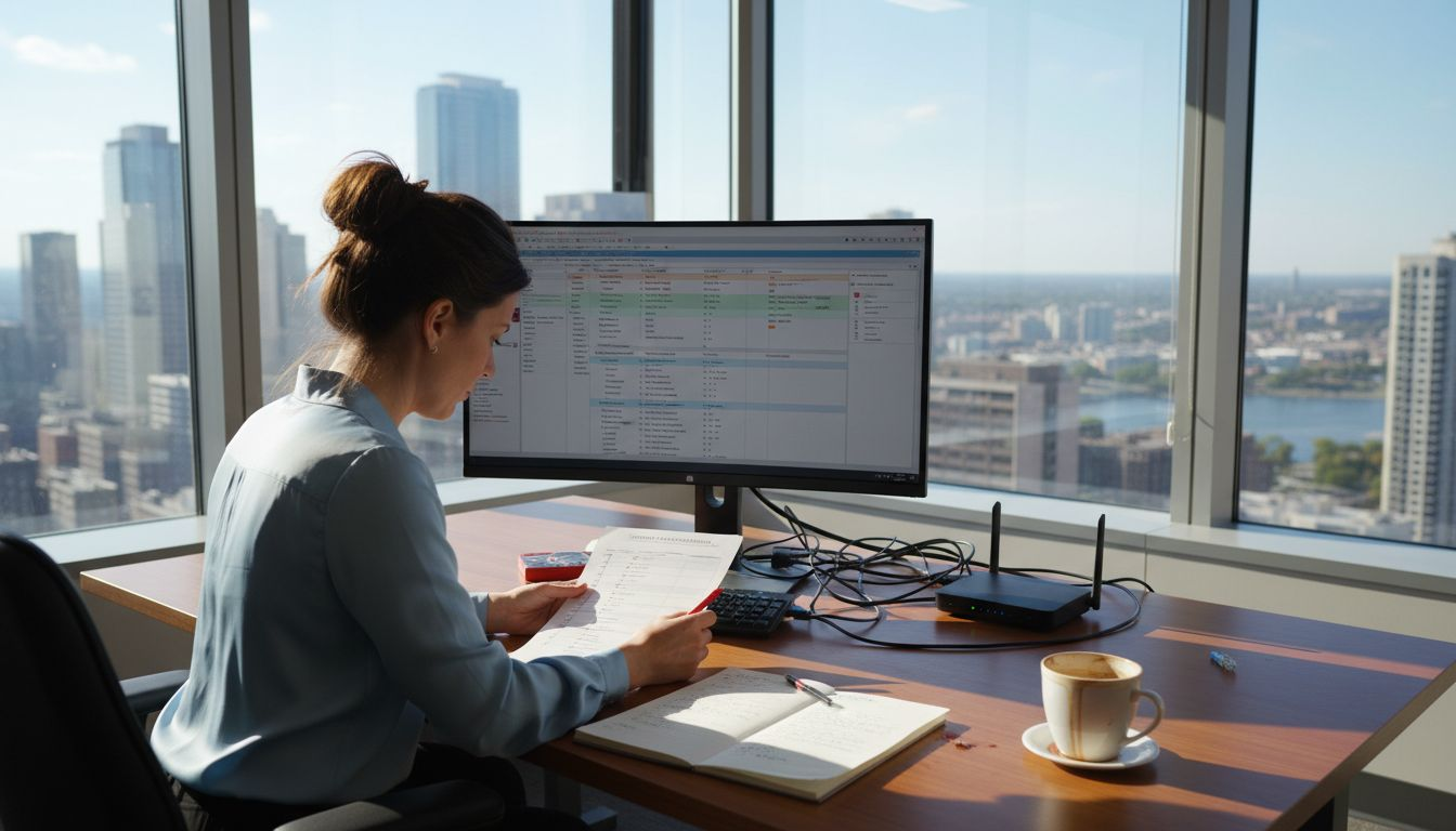 Businesswoman checking internet plan checklist in city office