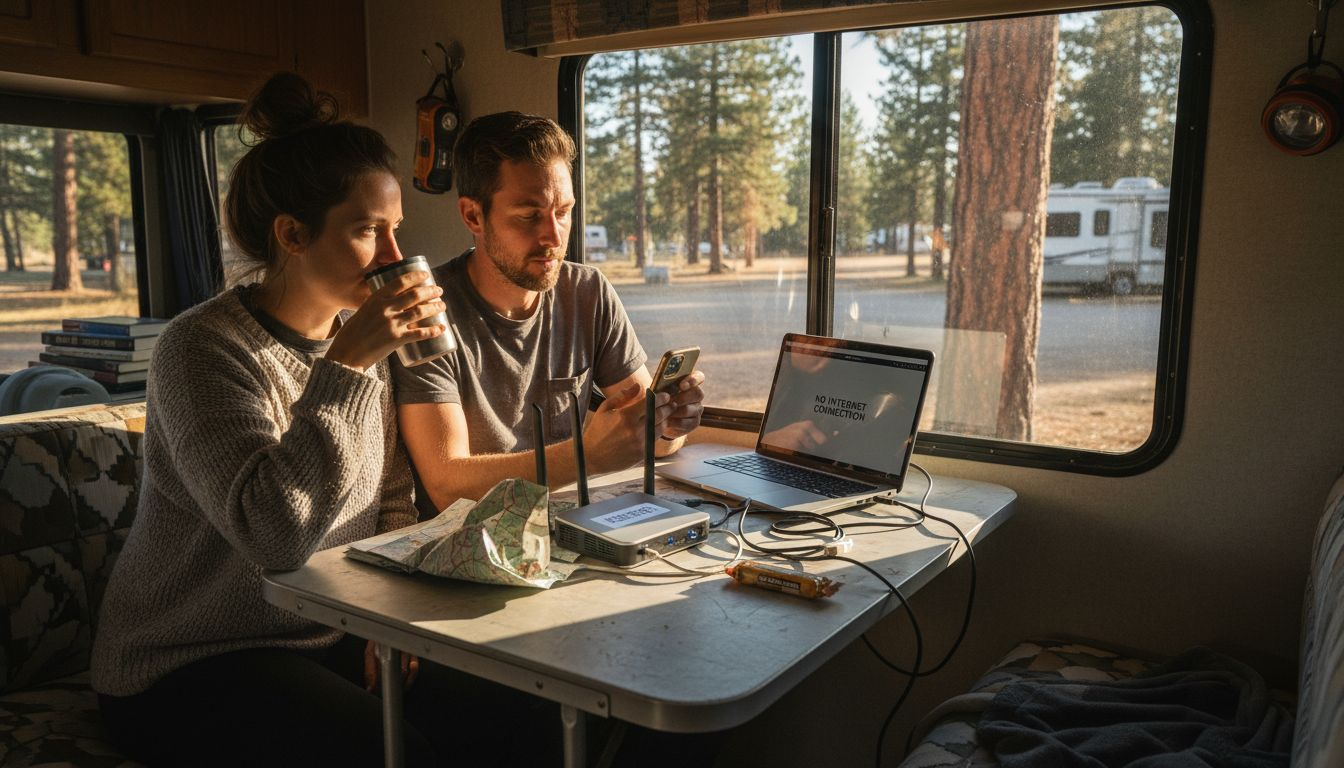 RV travelers using portable router inside motorhome