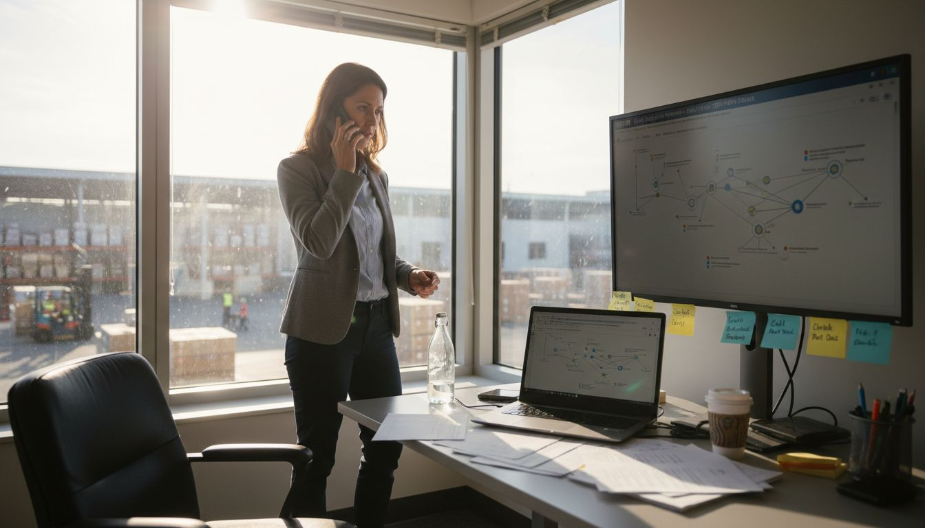 Logistics manager discussing sd-wan in windowed office