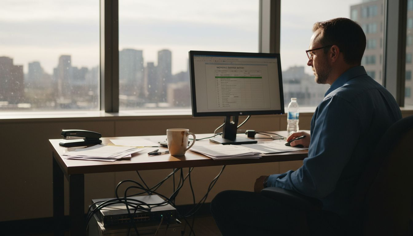 IT manager reviewing costs in corner office