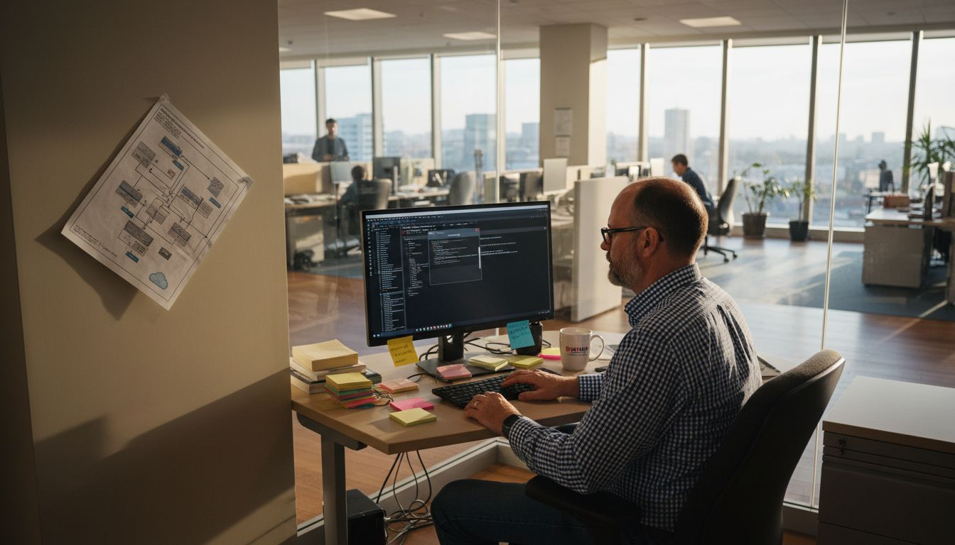 IT manager configures firewall in corner office