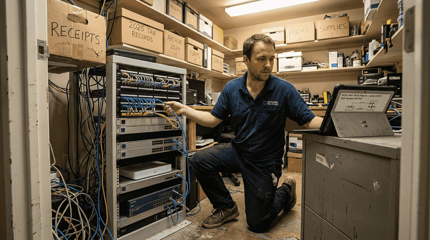 Technician setting up small business Wi-Fi system