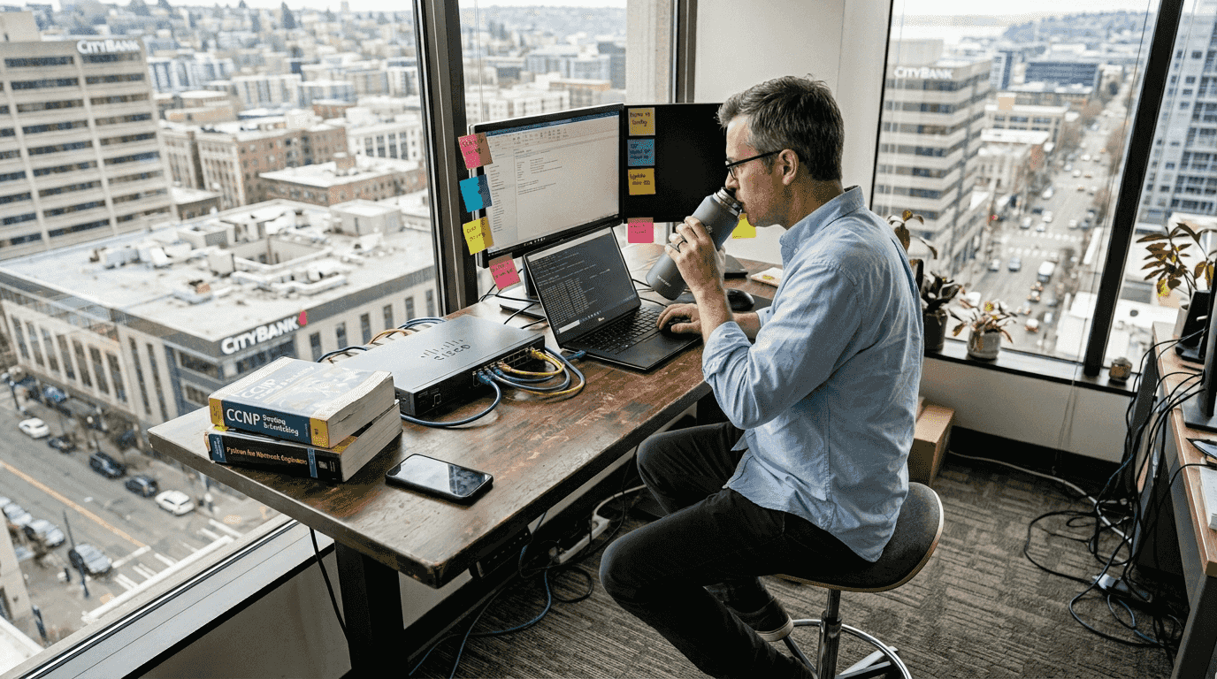 IT manager configuring router in city office