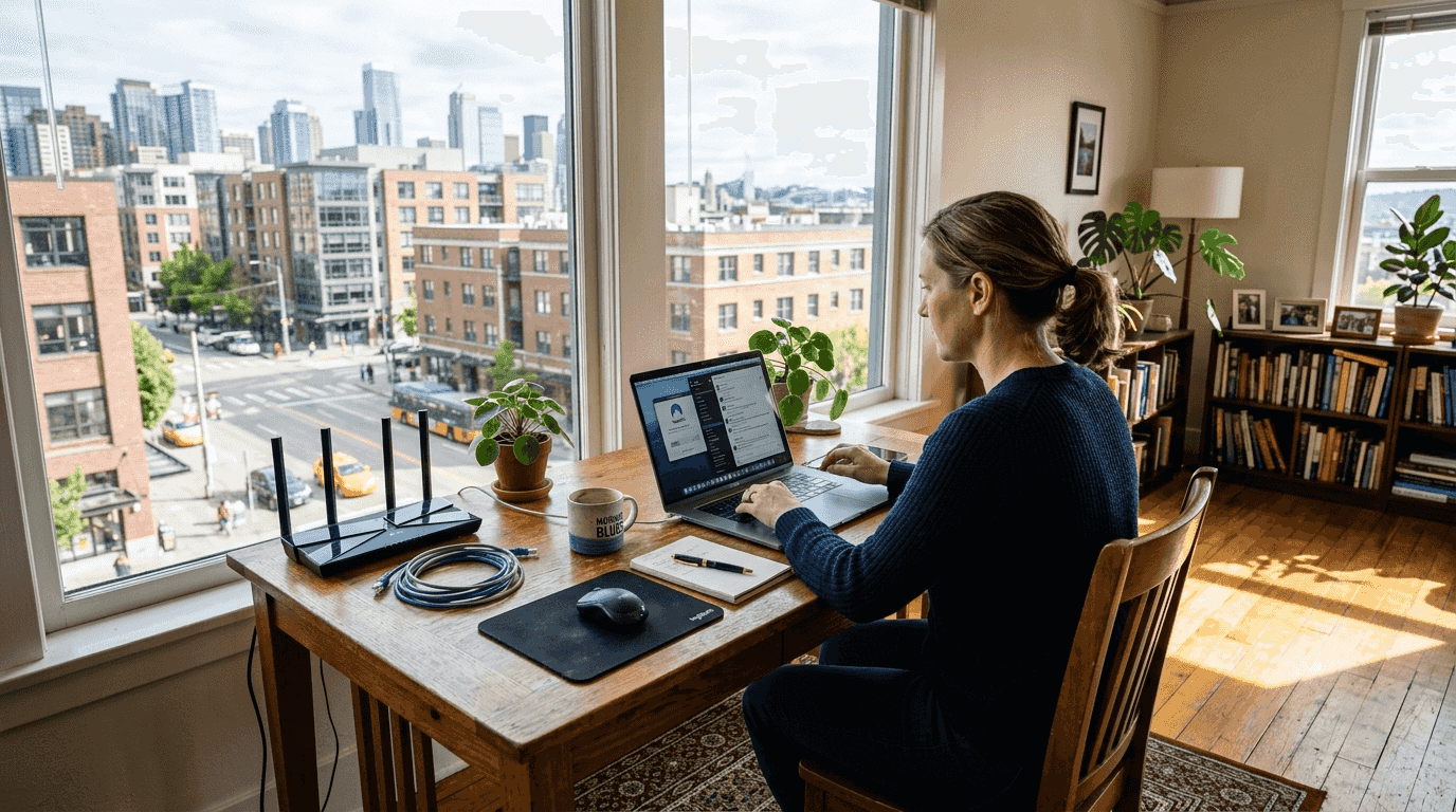 Remote worker using secure internet in city home office