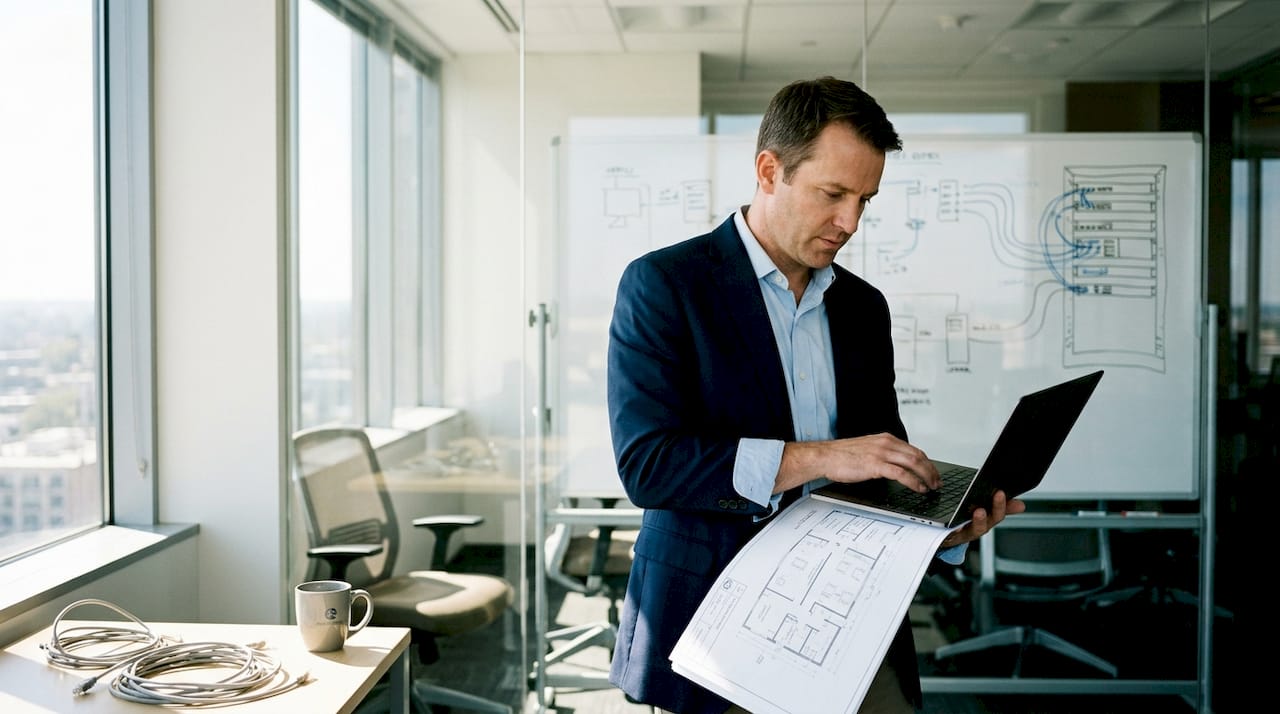 Analyst reviews network plan in office