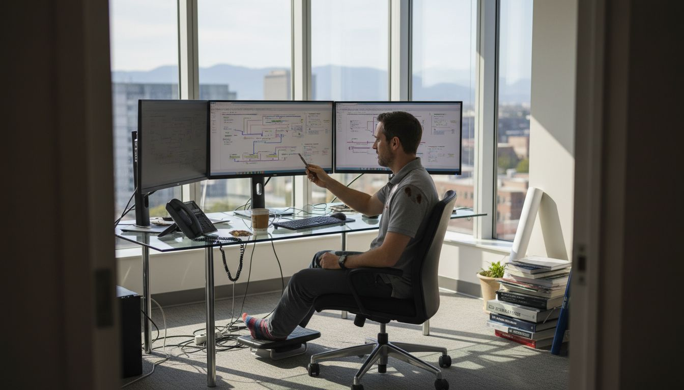 5G network engineer reviewing slicing diagrams