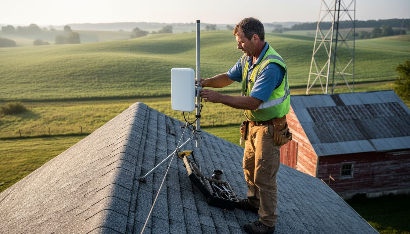 Technician installing rural fixed wireless antenna