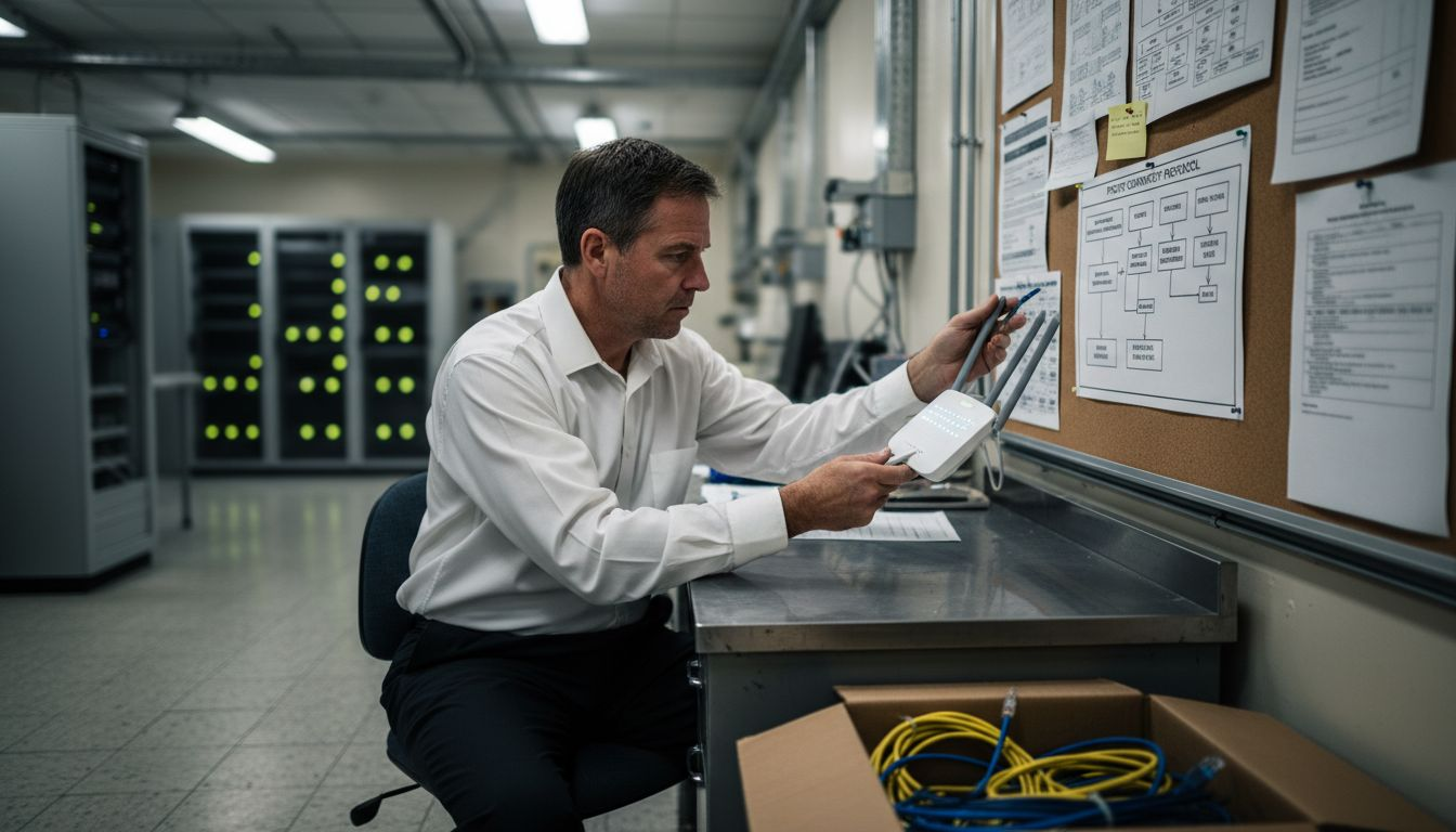 IT manager reviewing wireless router in hospital