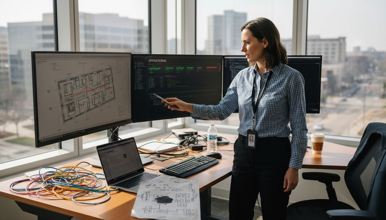 Network engineer reviewing wireless office layout