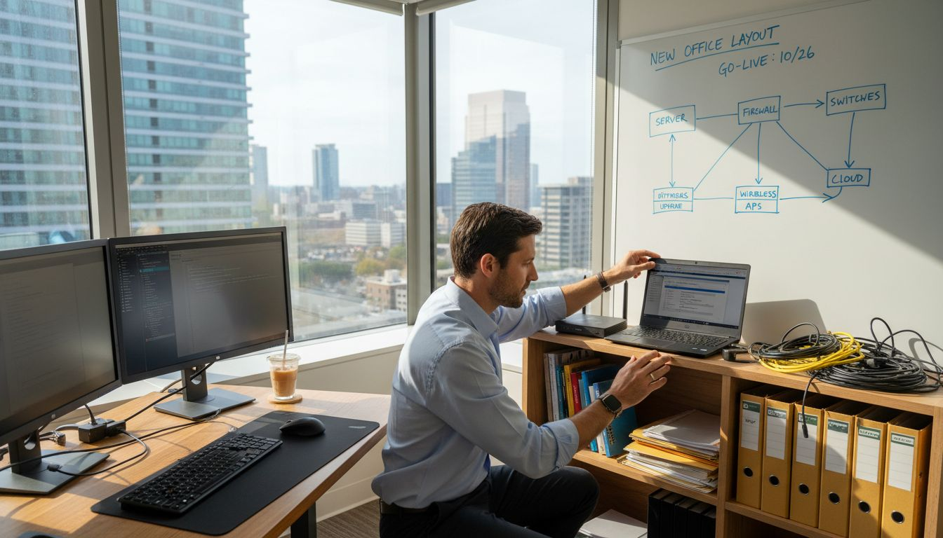 IT manager configuring LTE router in corner office