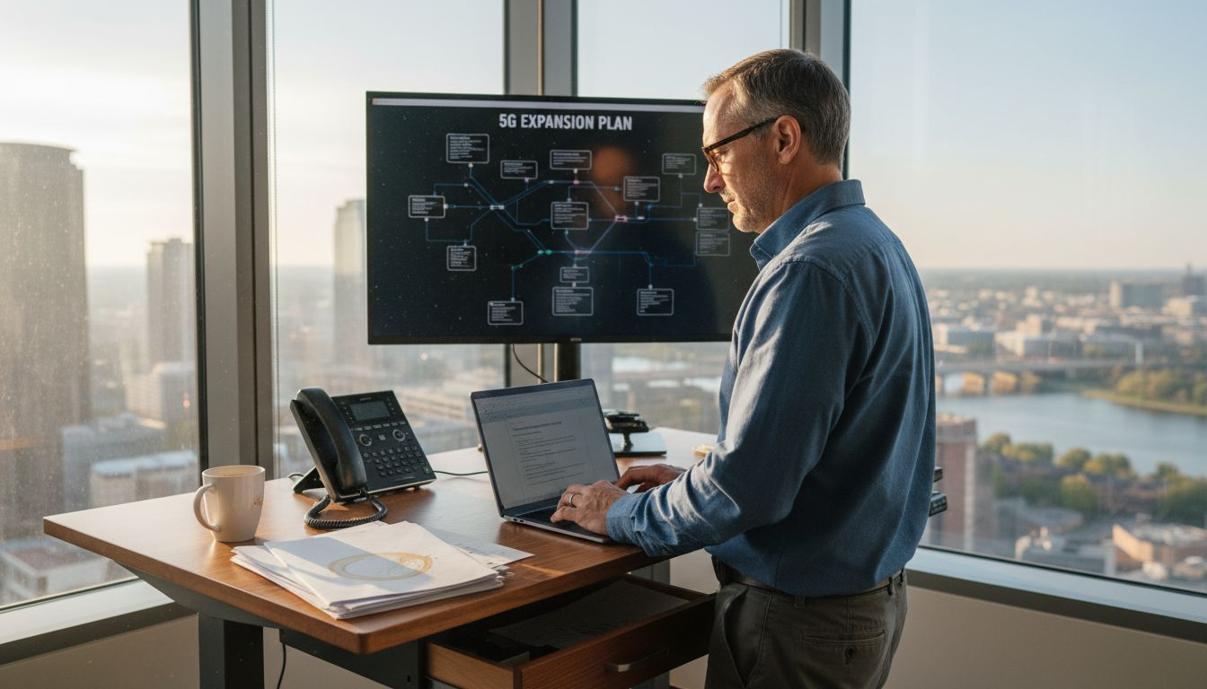 Business IT leader at desk reviewing 5G network plan