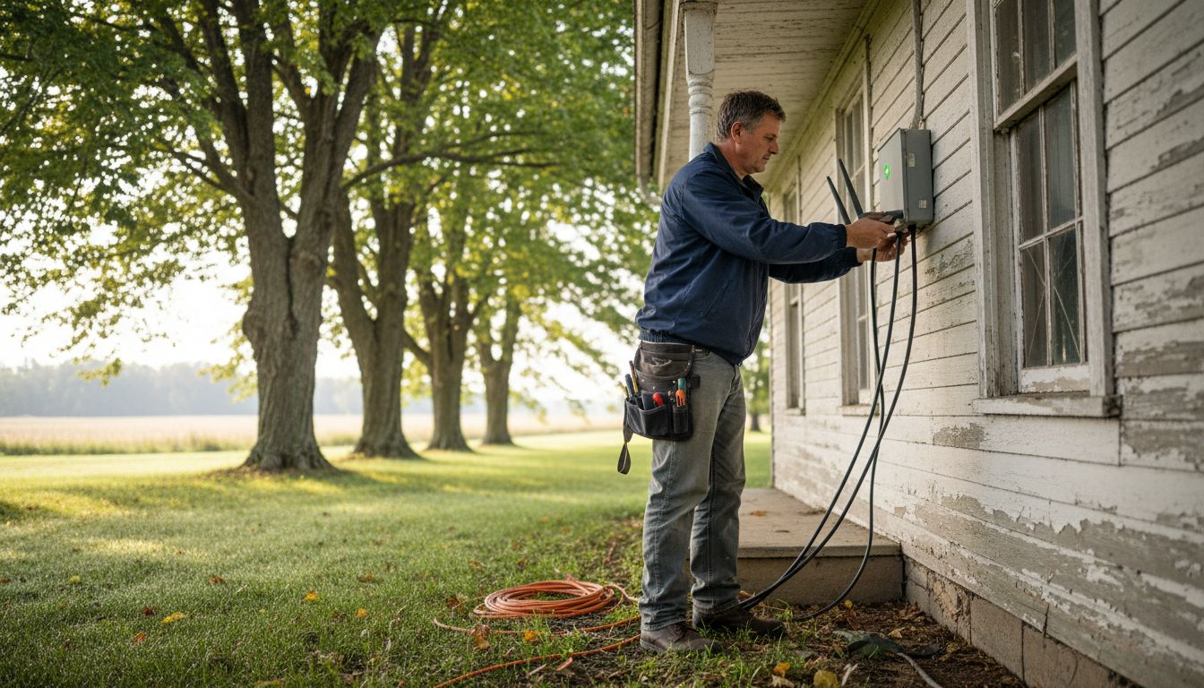 Technician installing internet at rural farmhouse