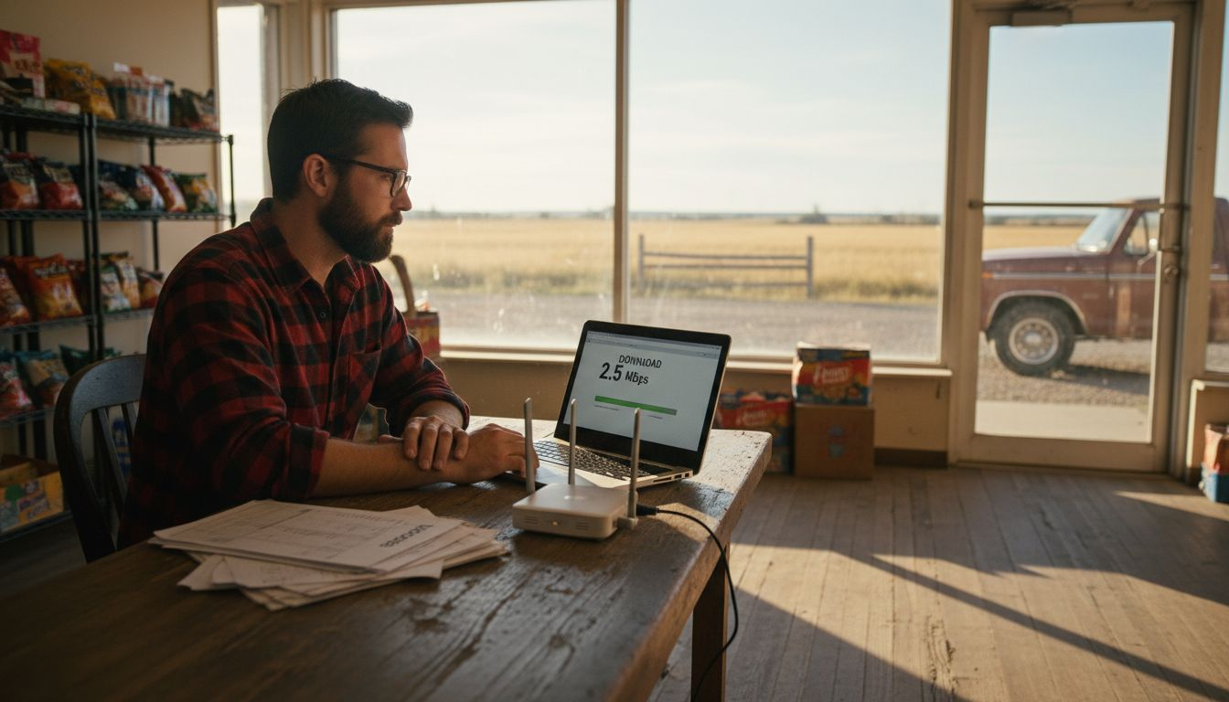 Rural business owner checking internet speed at workspace