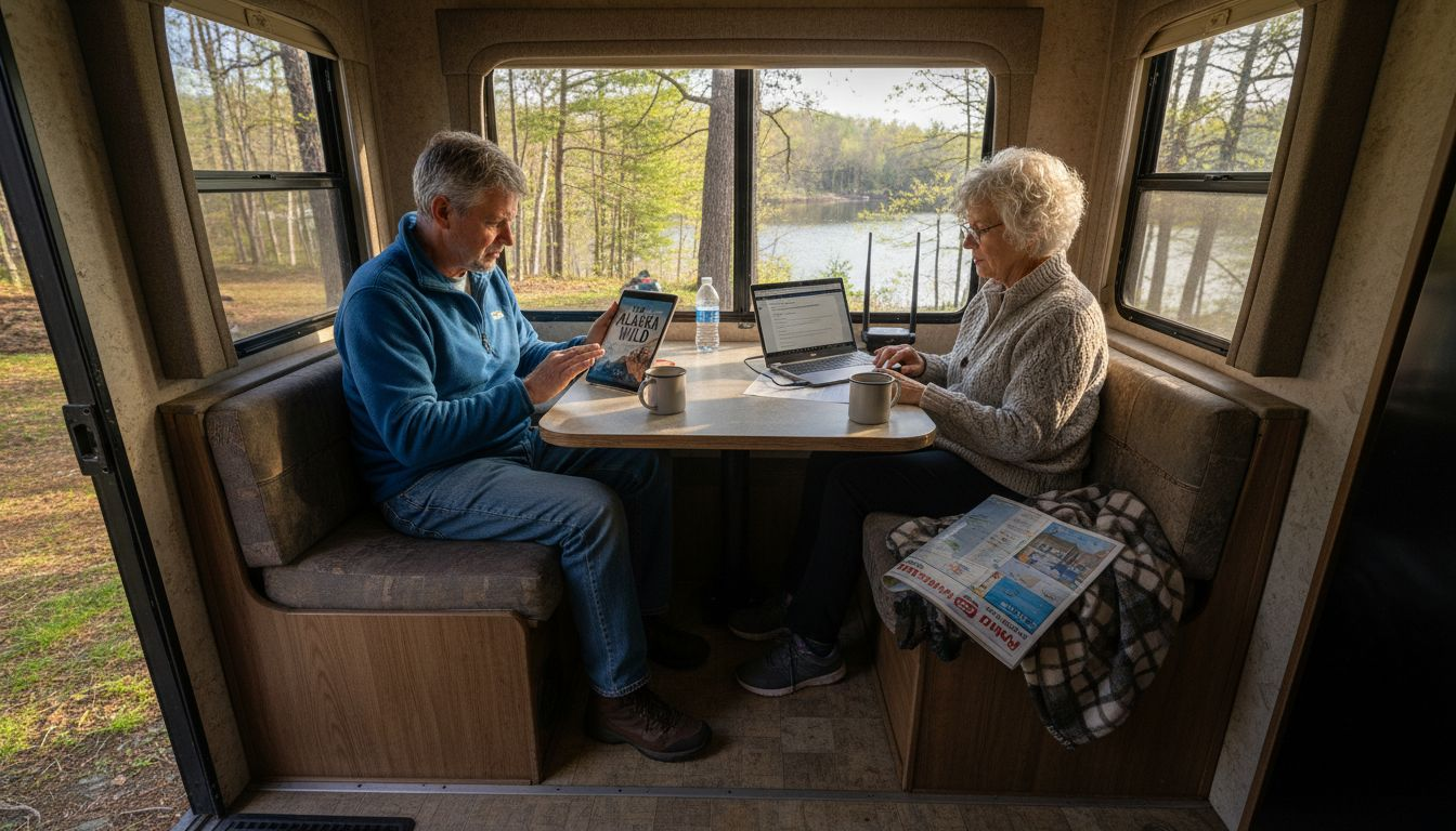 Couple using wireless hotspot in lakeside RV