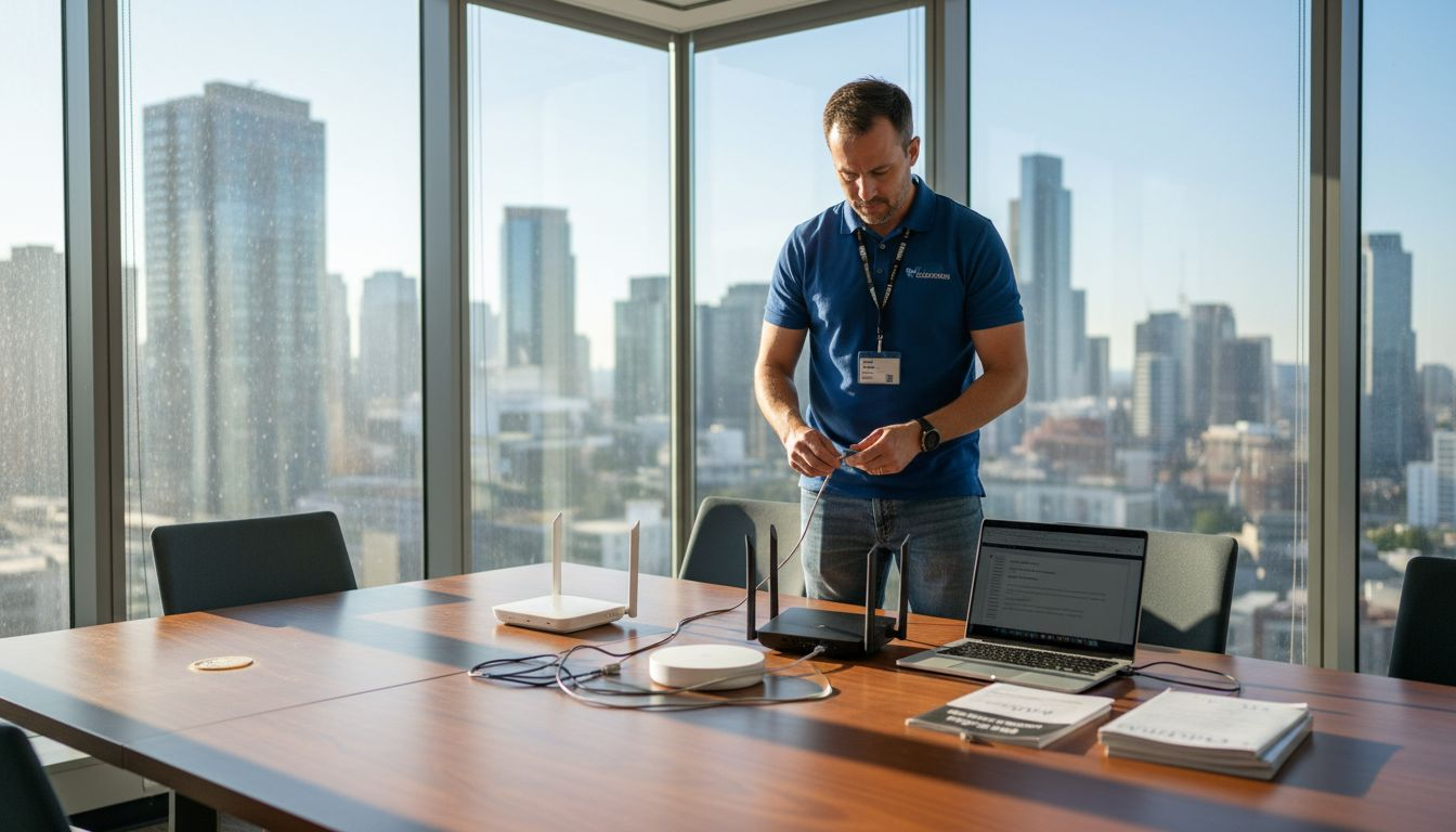 IT technician setting up multiple wireless routers in office