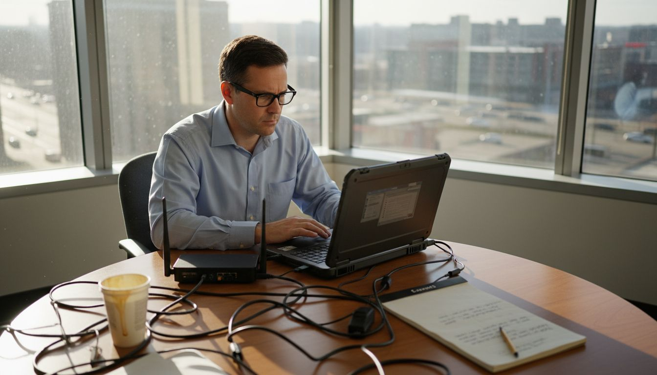 IT manager reviews wireless security in corner office