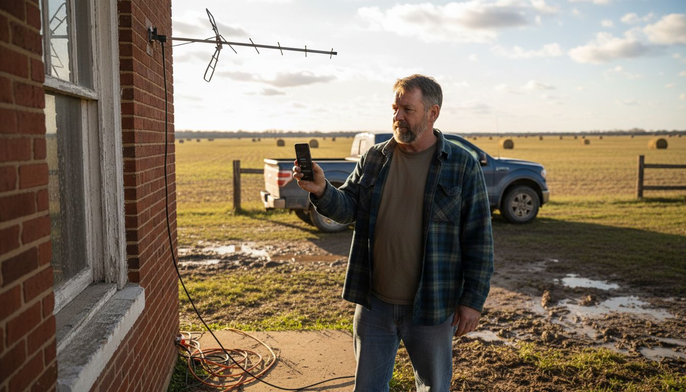 Man testing mobile signal booster outside rural house