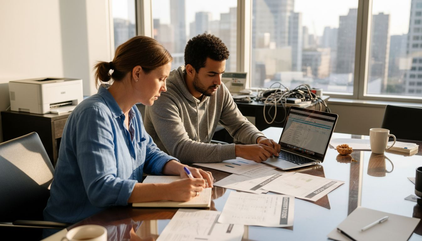 Business team reviewing internet plans at office conference table