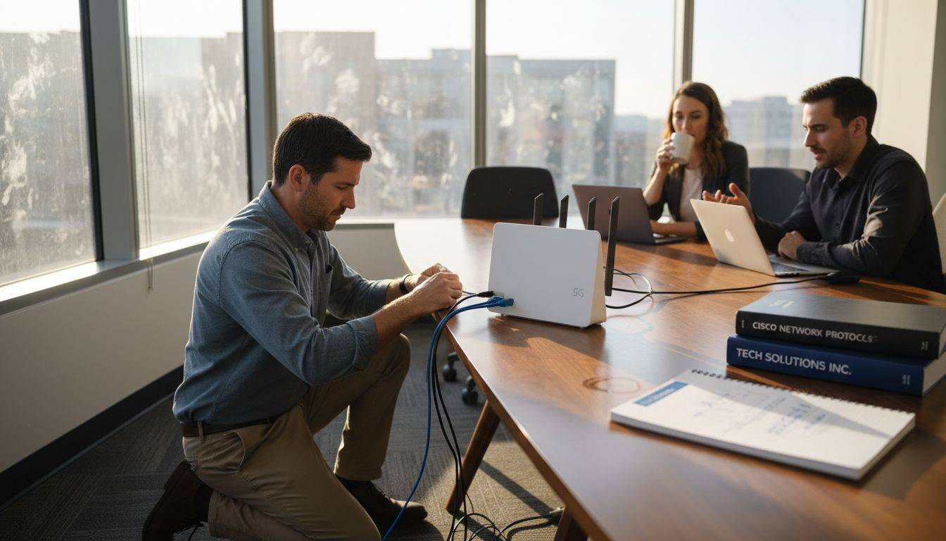 IT team installing 5G router in conference room