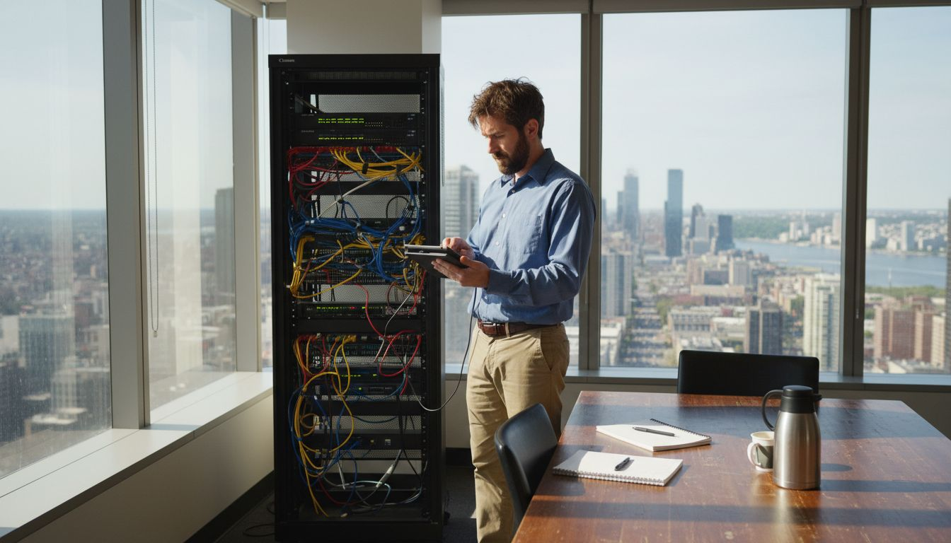 IT manager checks enterprise WiFi in office