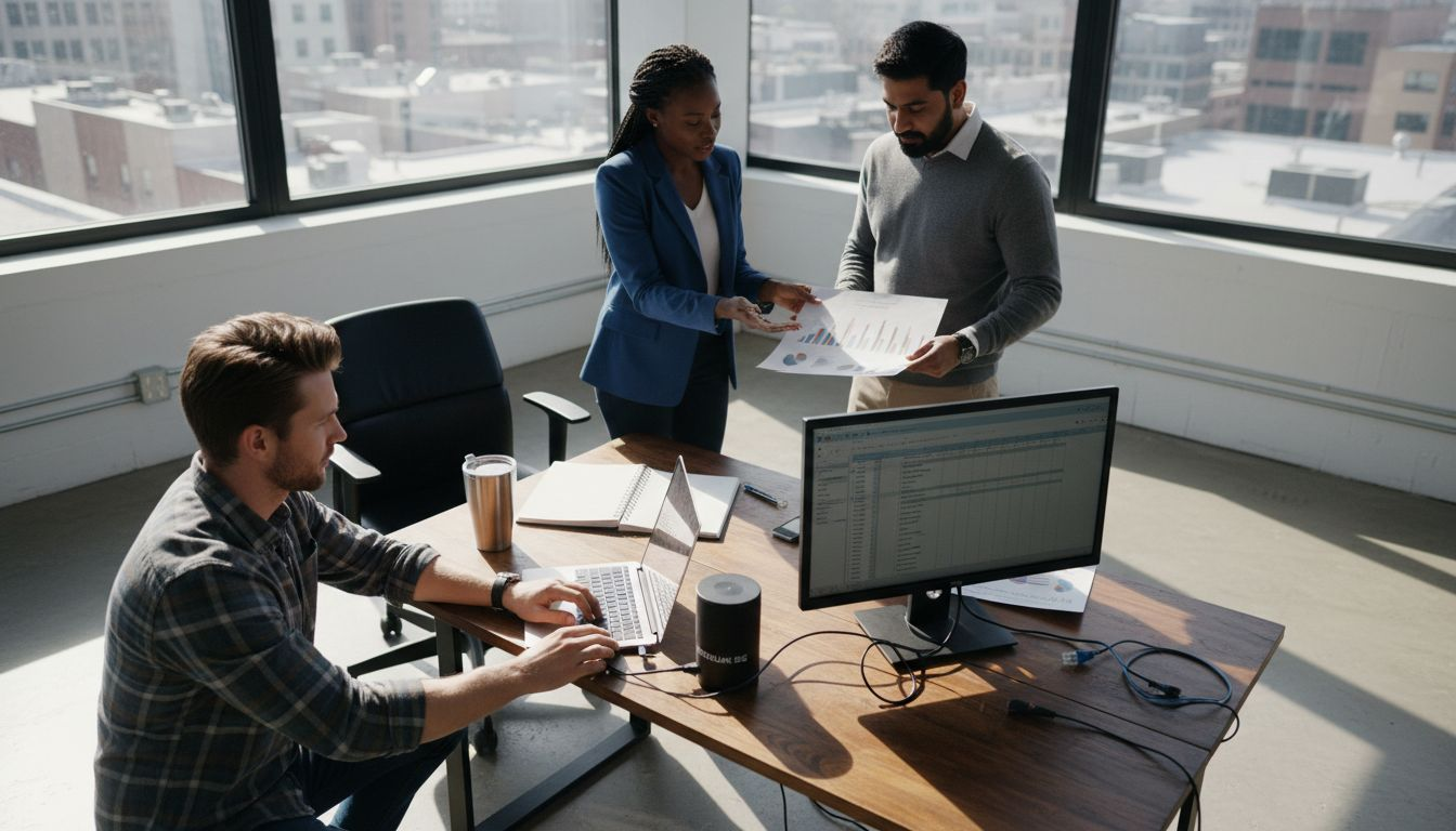 Team connecting devices with 5G hotspot in office