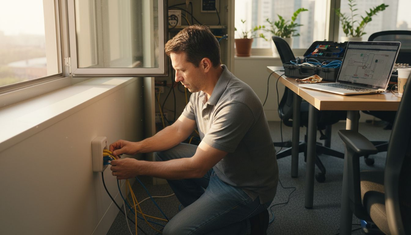 IT technician connecting IoT devices in office