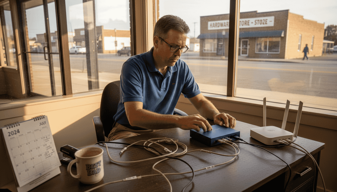 Small town office with IT technician installing SD-WAN device