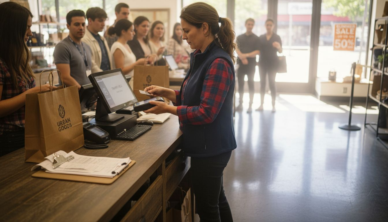 Manager completes payment with modern POS