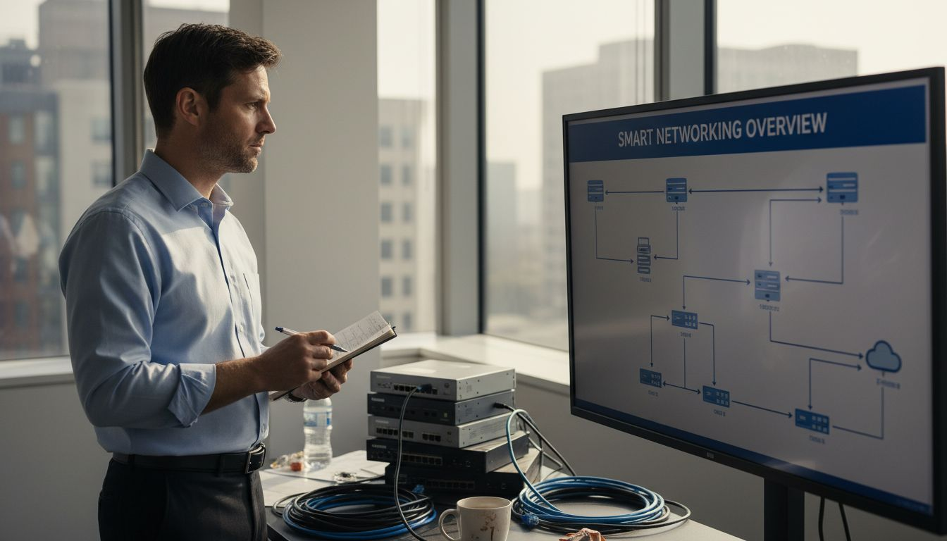 IT manager reviewing smart networking monitor