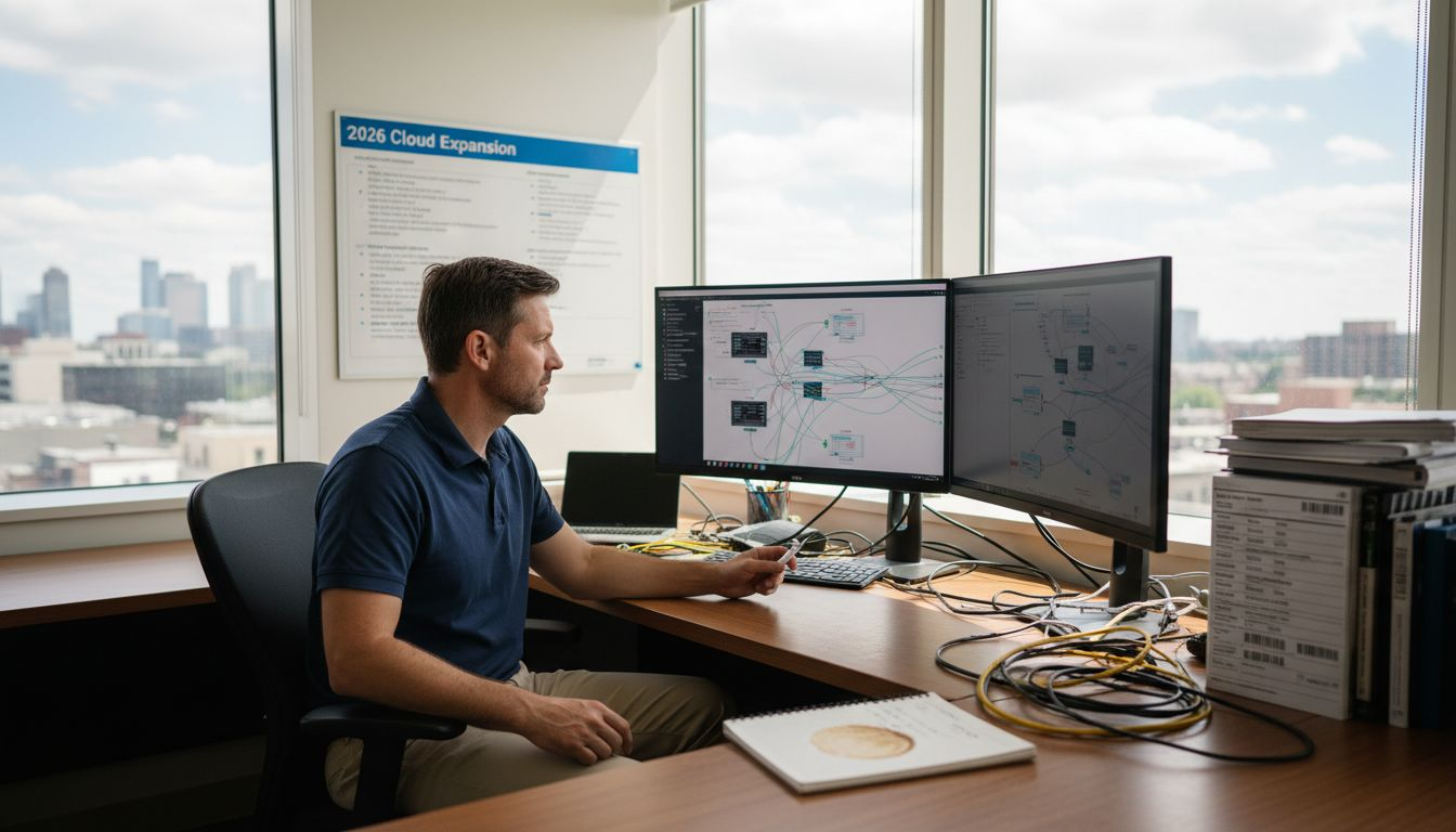 IT manager reviewing network diagrams in office