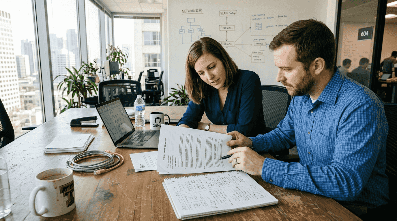 IT professionals reviewing internet SLA contract