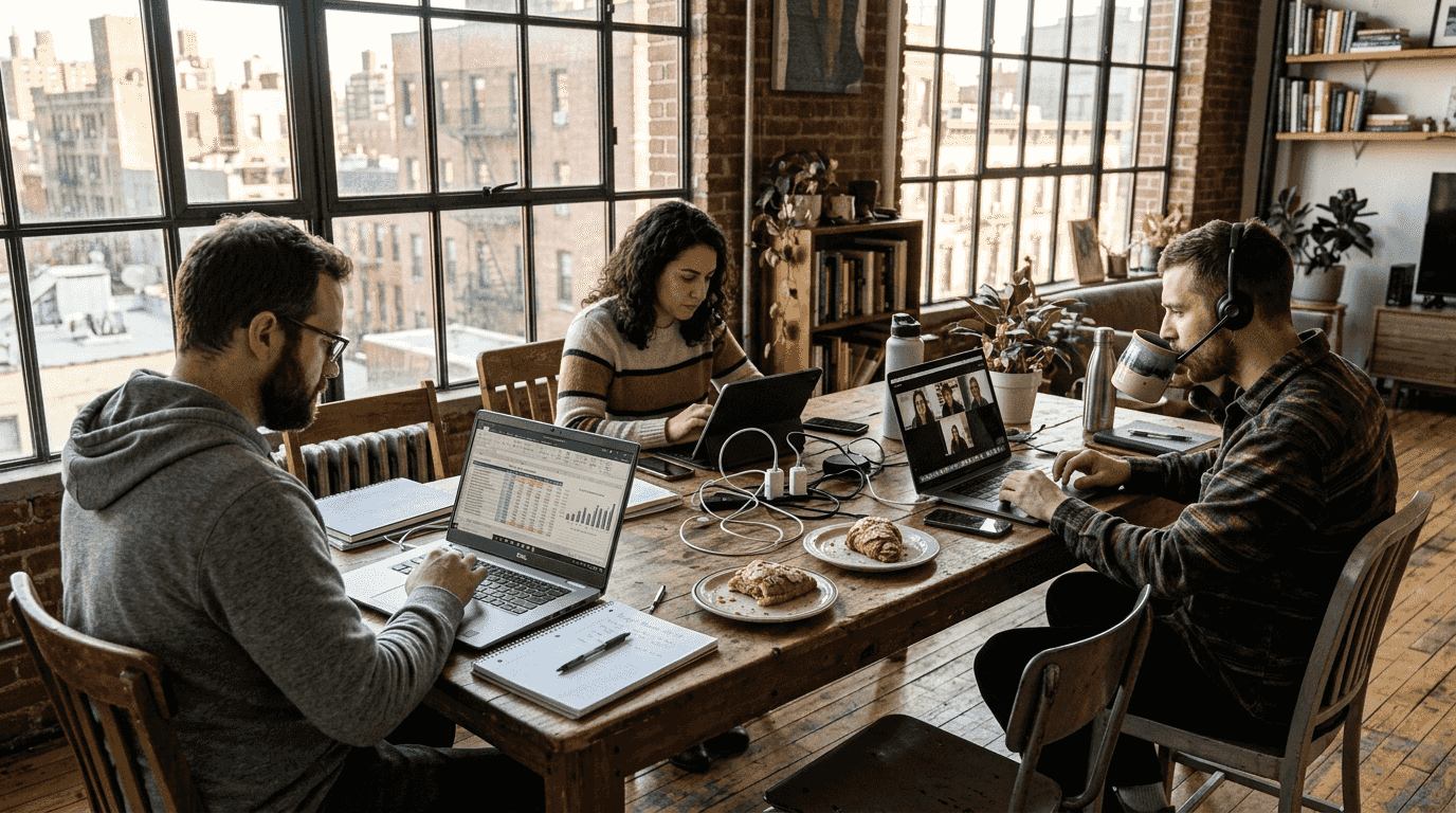 Remote team working securely in home loft
