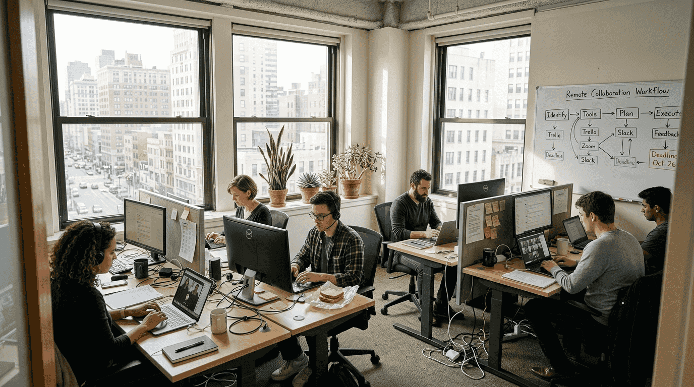 Remote team using connectivity tools in lively office