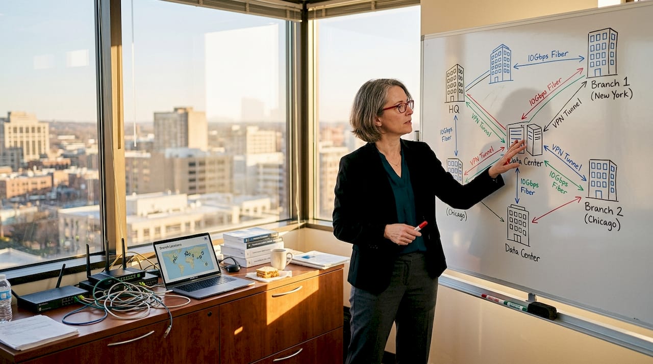 IT leader reviews multi-site network diagram