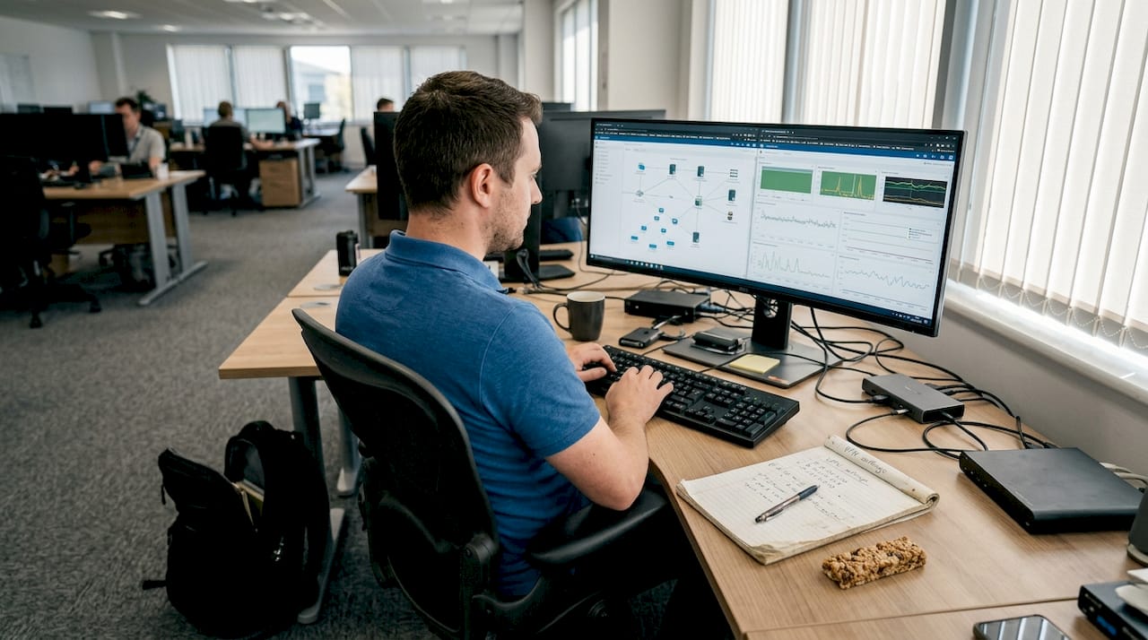 IT specialist working on SD-WAN network monitor