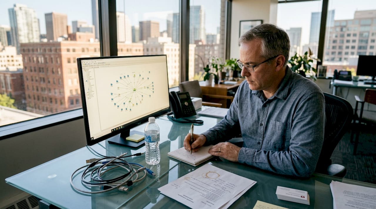 IT manager reviews multi-site network map