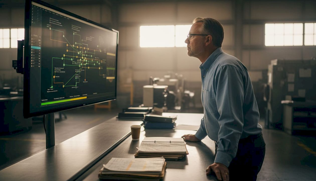 Plant manager reviews network map in control room