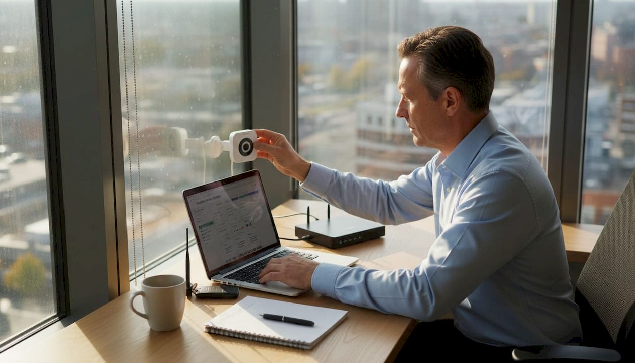 Business owner using IoT devices at desk