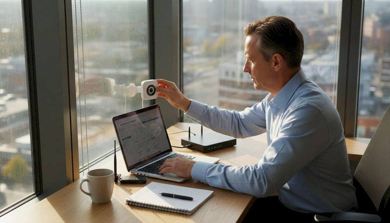 Business owner using IoT devices at desk