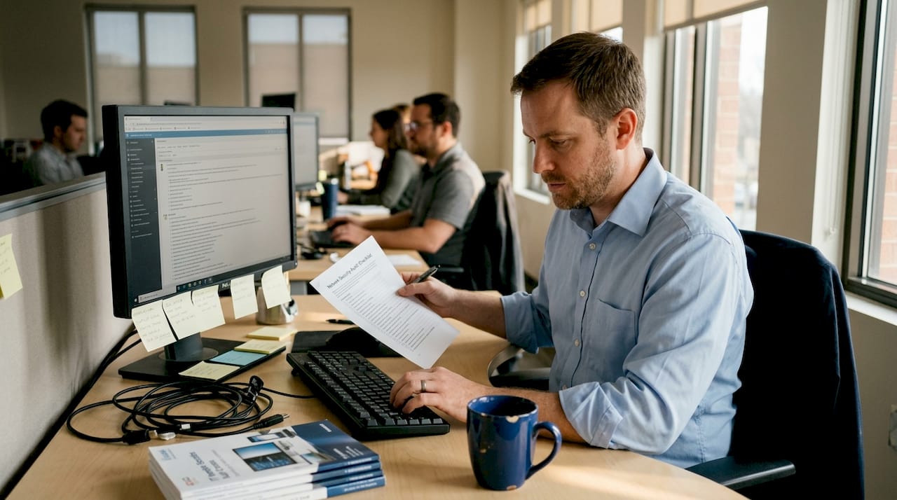IT manager reviews network security checklist