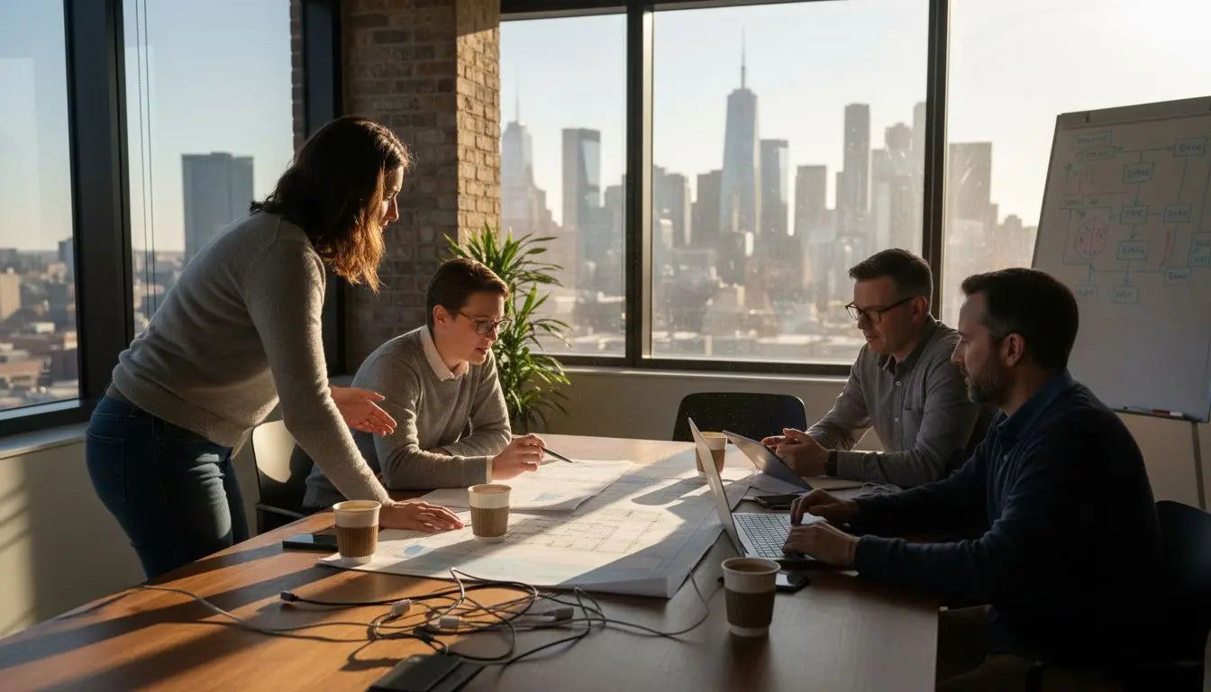 Tech team reviewing connectivity plans in urban office