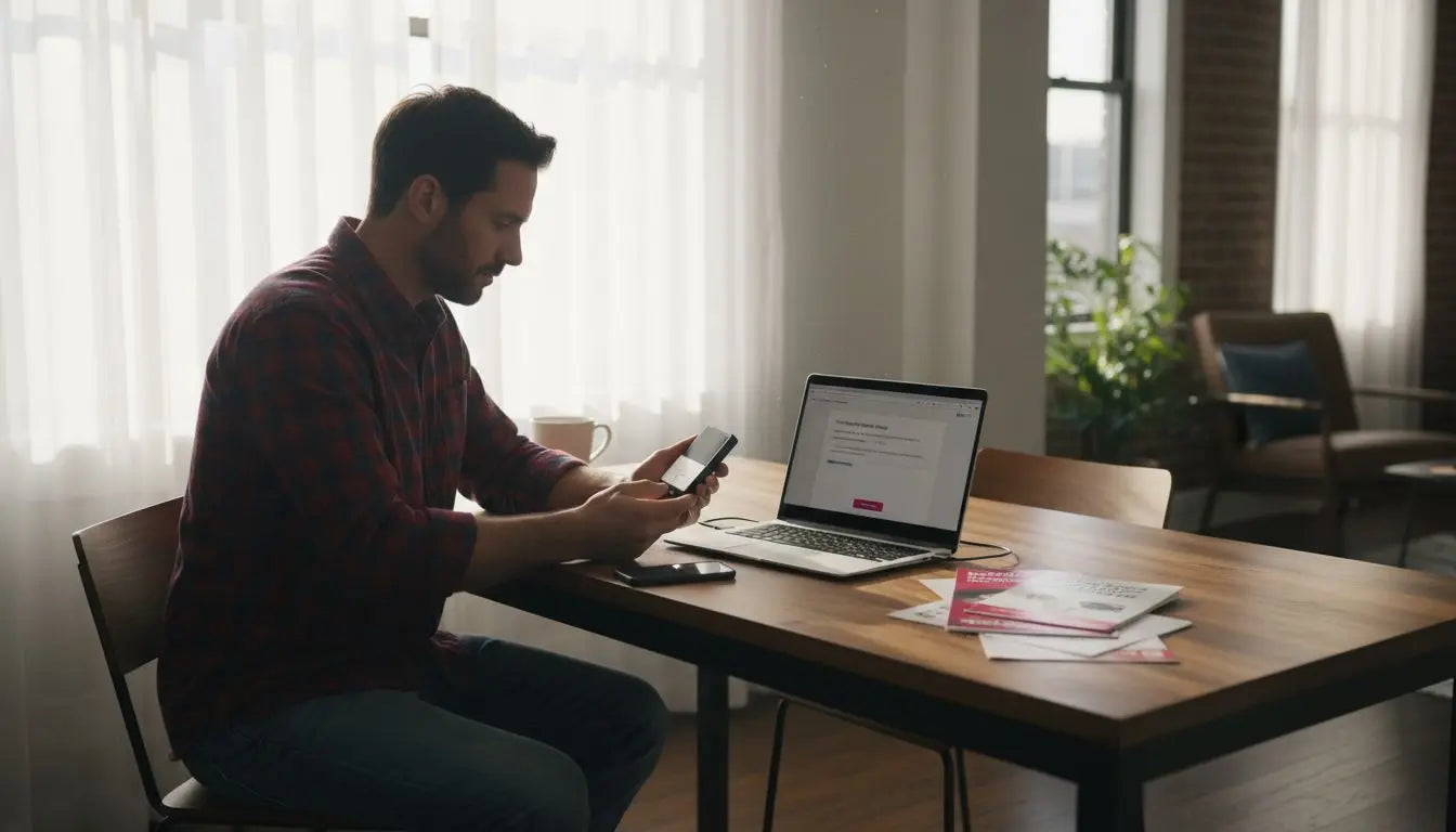 Man configuring 5G hotspot at kitchen table