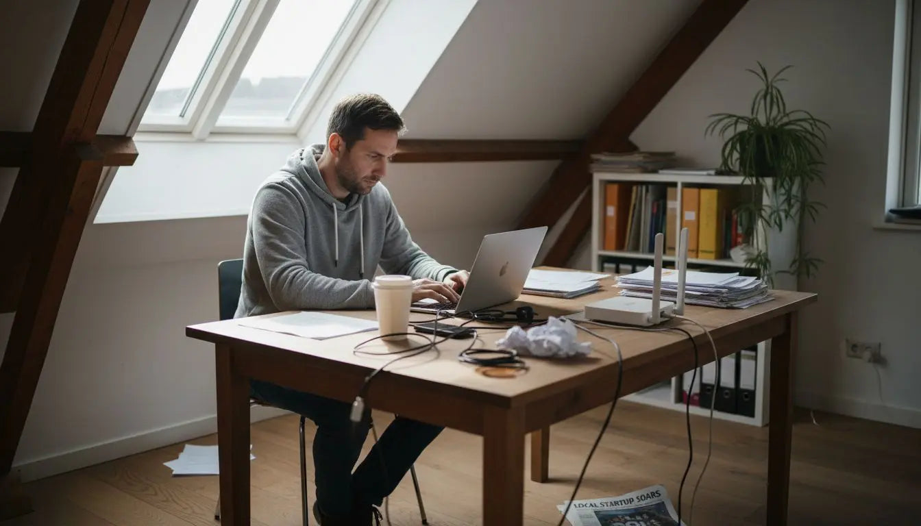 Remote worker using laptop with visible Wi-Fi router